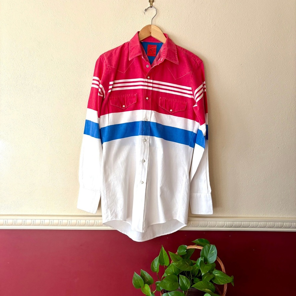 Vintage Roper Western Shirt Pearl Snap Red White & Blue Men's M Retro Cowboy 70s
